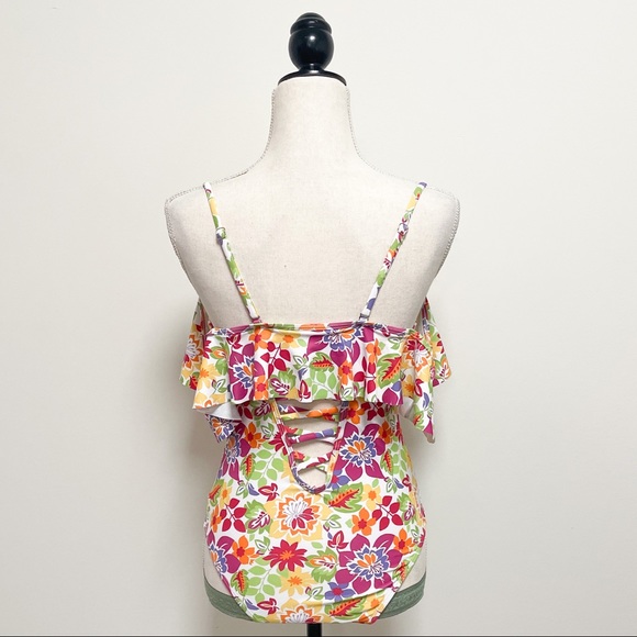 Shein Flounce Cold Shoulder One Piece Floral Bathing Suit NWOT Small Ruching - Picture 7 of 12